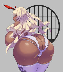 Rule 34 | 1girl, amamiya (abaros), ass, bare shoulders, bent over, blonde hair, blush, breasts, butt crack, cameltoe, cleft of venus, curvy, dark-skinned female, dark skin, from behind, grey background, hair ribbon, highres, huge ass, huge breasts, itou ittousai (sengoku bushouki muramasa), light areolae, long hair, looking at viewer, looking back, parted lips, plump, purple eyes, ribbon, sengoku bushouki muramasa, simple background, skindentation, solo, sweat, thick thighs, thighhighs, thighs, white thighhighs, wide hips
