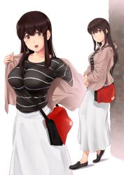 Rule 34 | 1girl, :d, against wall, akagi (kancolle), alternate costume, bag, between breasts, blush, breasts, brown eyes, brown hair, closed mouth, full body, hair between eyes, highres, jacket, kantai collection, large breasts, long hair, long skirt, looking at viewer, multiple views, official alternate costume, open mouth, pink jacket, shirt, shoes, skirt, smile, straight hair, strap between breasts, striped clothes, striped shirt, undressing, wa (genryusui), white skirt