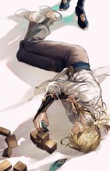 Rule 34 | 1boy, 1other, black pants, block (object), blonde hair, bridal gauntlets, commentary request, feathers, full body, genshin impact, highres, hwan (mob hwan), kaveh (genshin impact), korean commentary, long sleeves, lying, male focus, on ground, on side, pants, ponytail, shirt, shoes, short hair, solo focus, toned, toned male, white background, white footwear, white shirt