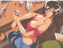 Rule 34 | 1girl, alcohol, black hair, blue eyes, breasts, butt crack, cleavage, cream croquet, giga, harlem blade, harlem blade perfect collection, kimura takahiro, tagme, torn clothes