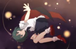 Rule 34 | 1girl, anime coloring, antennae, cape, danmaku, female focus, green hair, mary janes, natsume (menthol), outstretched arm, outstretched hand, shoes, short hair, short sleeves, socks, solo, touhou, upside-down, wriggle nightbug