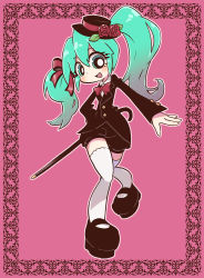 Rule 34 | 1girl, bow, bowtie, cane, green eyes, green hair, hand on own hip, hat, hatsune miku, highres, hip focus, k-nattoh, long hair, matching hair/eyes, mini hat, mini top hat, solo, thighhighs, top hat, twintails, vocaloid