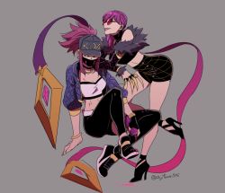 Rule 34 | 2girls, akali, asaya minoru, bangle, baseball cap, black footwear, black pants, black skirt, bracelet, breasts, cleavage, commentary request, crop top, cropped jacket, earrings, evelynn (league of legends), fur trim, grey background, grey hat, hat, high heels, jacket, jewelry, k/da (league of legends), k/da akali, k/da evelynn, league of legends, leaning forward, mask, mouth mask, multiple girls, open clothes, open jacket, pants, parted lips, puffy short sleeves, puffy sleeves, purple hair, purple jacket, red-tinted eyewear, shoes, short sleeves, simple background, sitting, skirt, small breasts, spray can, tinted eyewear, twitter username