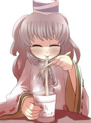 Rule 34 | 1girl, chopsticks, cup ramen, eating, closed eyes, female focus, food, gaoo (frpjx283), grey eyes, hat, japanese clothes, left-handed, mononobe no futo, noodles, solo, table, tate eboshi, touhou, upper body