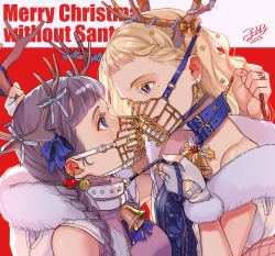 Rule 34 | 2girls, absurdres, antler grab, antlers, bare arms, bare shoulders, bdsm, beads, blonde hair, blue collar, blue eyes, blue ribbon, bow, braid, breasts, cherico, christmas, clenched hand, collar, colored eyelashes, earclip, earrings, eye contact, eyelashes, fingerless gloves, french braid, fur trim, gloves, hair beads, hair behind ear, hair ornament, hair over shoulder, heart, heart earrings, highres, hood, hood down, horn bow, horn grab, horn ornament, horn ribbon, horns, jewelry, leaf earrings, leash, leash pull, long hair, looking at another, mask, merry christmas, mole, mole under eye, multiple girls, muzzle, nail polish, neck bell, off shoulder, open mouth, orb, original, pet play, portrait, profile, red background, reindeer girl, ribbon, ring, slave, sleeveless, small breasts, sphere earrings, star (symbol), star hair ornament, tinsel, twin braids, twintails, white collar, white gloves, yellow ribbon, yuri