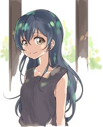 Rule 34 | 10s, 1girl, black shirt, blue hair, blush, hair between eyes, long hair, looking at viewer, love live!, love live! school idol project, shirt, smile, solo, sonoda umi, tank top, tetopetesone, upper body, yellow eyes