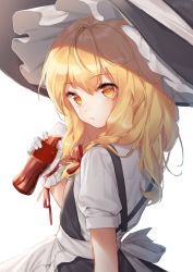 Rule 34 | 1girl, :/, apron, blonde hair, bottle, braid, closed mouth, cola, commentary, dress, expressionless, from behind, gloves, hair ribbon, hajin, hat, holding, holding bottle, kirisame marisa, long hair, looking at viewer, looking back, puffy short sleeves, puffy sleeves, red ribbon, ribbon, shirt, short sleeves, side braid, simple background, single braid, solo, suspenders, touhou, upper body, waist apron, white apron, white background, white gloves, witch hat, yellow eyes