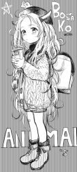Rule 34 | 1girl, ankle boots, argyle, argyle clothes, argyle jacket, backpack, bag, boots, bosako (haguhagu), brand name imitation, character name, cross-laced footwear, curly hair, drink, drinking, full body, greyscale, haguhagu (rinjuu circus), hat, holding, horns, jacket, long hair, long sleeves, looking at viewer, messy hair, monochrome, original, solo, standing, very long hair