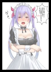 Rule 34 | 1girl, alternate costume, apron, arms under breasts, assault lily, black border, black dress, blush, border, breasts, cleavage, collar, collarbone, commentary request, dress, enmaided, frilled collar, frilled dress, frills, hair between eyes, hair ribbon, highres, long hair, looking at viewer, maid, maid headdress, matsumura fuuka, medium breasts, murasama, neck ribbon, nose blush, open mouth, pink eyes, pink ribbon, puffy short sleeves, puffy sleeves, purple hair, red ribbon, ribbon, short sleeves, simple background, solo, speech bubble, spoken blush, standing, sweatdrop, teeth, translated, twintails, upper teeth only, v-shaped eyebrows, very long hair, waist apron, white apron, white background, white collar, wrist cuffs