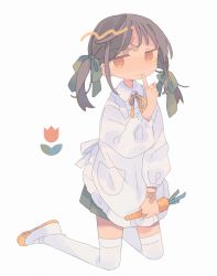 Rule 34 | 1girl, apron, bandaid, bandaid on face, bandaid on forehead, bandaid on hand, carrot, closed mouth, daizu (melon-lemon), frilled apron, frills, furrowed brow, gradient eyes, grey background, hair ribbon, highres, holding, index finger raised, jitome, kneeling, looking at viewer, multicolored eyes, original, ribbon, shoes, simple background, solo, thighhighs, twintails, uwabaki, white thighhighs