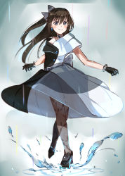 Rule 34 | 1girl, aqua eyes, artist name, artist request, back bow, bare shoulders, belt, black dress, black footwear, black gloves, black high heels, black skirt, blue eyes, blush, bow, bow hairband, breasts, brooch, brown hair, brown pantyhose, buttons, choker, cloud, collarbone, crossed legs, day, diamond (gemstone), dress, drop earrings, earrings, evening gown, female focus, floating hair, full body, gloves, grey belt, grey bow, grey skirt, grey sky, hair between eyes, hair bow, hairband, half updo, high heels, high ponytail, highres, jewelry, lace, lace gloves, long hair, looking at viewer, love live!, love live! nijigasaki high school idol club, love live! school idol festival, miniskirt, multicolored clothes, multicolored dress, off-shoulder dress, off shoulder, ousaka shizuku, outdoors, pantyhose, parted lips, plaid, plaid dress, plaid skirt, pleated, pleated dress, pleated skirt, ponytail, rain, skirt, sky, sleeveless, sleeveless dress, small breasts, smile, solitude rain (love live!), solo, standing, two-tone dress, wavy hair, white bow, white choker, white dress, white skirt