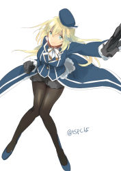 Rule 34 | 10s, 1girl, aqua eyes, atago (kancolle), bent over, beret, black gloves, black pantyhose, blonde hair, bow, bowtie, gloves, hat, kantai collection, long hair, military, military uniform, nabi (w44k16), pantyhose, shoes, solo, twitter username, uniform, white background