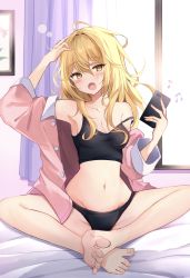 Rule 34 | 1girl, :o, alternate costume, arm up, armpits, bad id, bad pixiv id, bare shoulders, barefoot, black panties, black shirt, blonde hair, breasts, camisole, cleavage, contemporary, crop top, highres, holding, hyurasan, indian style, kirisame marisa, long hair, looking at viewer, medium breasts, messy hair, midriff, navel, no headwear, no headwear, off shoulder, open clothes, open mouth, open shirt, pajamas, panties, phone, purple shirt, shirt, sitting, sleeveless, sleeveless shirt, solo, stomach, strap slip, tears, thighs, touhou, underwear, waking up, yellow eyes