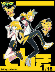 Rule 34 | 1boy, 1girl, artist name, back cutout, black background, black footwear, black gloves, black pants, black scarf, black shirt, black shorts, blonde hair, blue eyes, bow, clothing cutout, commentary, copyright name, crab-san, creatures (company), english commentary, full body, game freak, gen 2 pokemon, gloves, gradient scarf, hair bow, highres, holding, holding poke ball, kagamine len, kagamine rin, looking at viewer, nintendo, number tattoo, open mouth, pants, parody, pichu, poke ball, pokemon, pokemon (creature), project voltage, scarf, shirt, shoes, short hair, short ponytail, shorts, shoulder tattoo, simple background, smile, sneakers, spiked hair, spiky-eared pichu, style parody, swept bangs, tattoo, undershirt, vocaloid, white bow, white footwear, white gloves, white scarf, yellow background, yellow scarf
