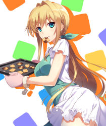 Rule 34 | 1girl, akanebi, apron, baking sheet, blonde hair, blue eyes, breasts, checkerboard cookie, commentary, cookie, dress, food, food in mouth, frilled dress, frills, from side, green apron, green ribbon, hair intakes, hair ribbon, heart-shaped food, holding, holding tray, long hair, looking at viewer, medium breasts, mittens, mouth hold, original, redrawn, revision, ribbon, shadow, short sleeves, solo, tray, white background, white dress