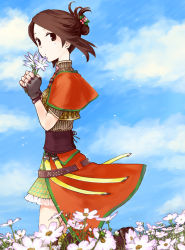 Rule 34 | 1girl, bad id, bad pixiv id, brown eyes, brown hair, day, dress, field, flower, flower field, irina sykes, looking at viewer, mino haru, outdoors, petals, puffy short sleeves, puffy sleeves, red dress, sansou, short hair, short sleeves, solo, standing, the last remnant