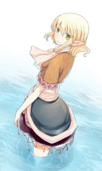 Rule 34 | 1girl, atoki, bare legs, black skirt, blonde hair, female focus, green eyes, highres, lace, lace-trimmed skirt, lace trim, looking back, mizuhashi parsee, pointy ears, sash, scarf, shirt, short hair, skirt, solo, standing, touhou, wading, water