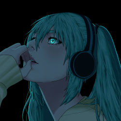 Rule 34 | 1girl, aqua eyes, aqua hair, bad id, bad pixiv id, finger to mouth, hair between eyes, hatsune miku, headphones, highres, hyperbudd, lips, parted lips, sleeves past wrists, solo, teeth, twintails, vocaloid
