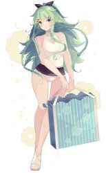 Rule 34 | 1girl, aqua eyes, black ribbon, blush, braid, breasts, cleavage, cleavage cutout, closed mouth, clothing cutout, full body, green hair, hair ribbon, holding, kantai collection, large breasts, long hair, one-piece swimsuit, ponytail, ribbon, shakemi (sake mgmgmg), solo, swimsuit, twin braids, white one-piece swimsuit, yamakaze (kancolle), yamakaze kai ni (kancolle)