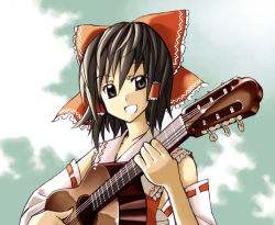 Rule 34 | 1girl, acoustic guitar, black hair, bow, detached sleeves, female focus, guitar, hair bow, hakurei reimu, imperishable night, instrument, open mouth, smile, solo, suina, touhou