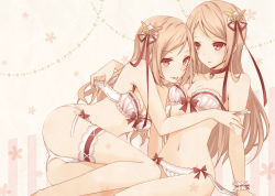 Rule 34 | 2girls, :p, ass, bow, bow bra, bow panties, bra, bra pull, breasts, bridal garter, brown hair, butterfly hair ornament, choker, clothes pull, hair ornament, hair ribbon, lingerie, long hair, multiple girls, navel, open mouth, original, oriko (nicolai), panties, ribbon, siblings, sisters, strapless, strapless bra, thighs, tongue, tongue out, twins, underwear, underwear only, wrist cuffs, yuri
