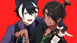 Rule 34 | 2boys, :d, animal ears, aragami oga, black hair, black shirt, black vest, closed mouth, commentary request, copyright name, cup, dark-skinned male, dark skin, eyepatch, green eyes, green neckwear, highres, holding, holding cup, holostars, horns, jackal ears, kageyama shien, long sleeves, looking at viewer, male focus, multicolored hair, multiple boys, necktie, open mouth, purple shirt, red background, sharp teeth, shirt, short hair, simple background, single horn, smile, streaked hair, teeth, upper body, vest, virtual youtuber, white hair, yellow eyes, yufu kyouko
