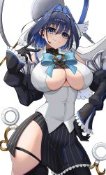 Rule 34 | 1girl, absurdres, black gloves, black skirt, black sleeves, black thighhighs, blue bow, blue bowtie, blue brooch, blue eyes, blue gemstone, blue hair, bow, bow earrings, bowtie, breasts, chain headband, cleavage, cleavage cutout, closed mouth, clothing cutout, commentary, contrapposto, cowboy shot, crop top, detached sleeves, earrings, english commentary, fang, frilled skirt, frilled sleeves, frills, gem, gloves, h4kuuua 0, hair between eyes, hair intakes, half-skirt, halo, hand on own hip, hand up, heart-shaped gem, highres, hololive, hololive english, jewelry, juliet sleeves, large breasts, light blush, long sleeves, looking at viewer, mechanical halo, miniskirt, ouro kronii, ouro kronii (1st costume), pinstripe pattern, pinstripe shirt, pinstripe skirt, puffy sleeves, shirt, short hair, simple background, skin fang, skirt, sleeveless, sleeveless shirt, smile, solo, standing, thighhighs, turtleneck shirt, underboob, underboob cutout, virtual youtuber, white background, white shirt, white veil, zipper