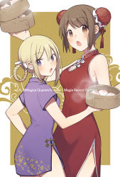 Rule 34 | 2girls, alternate costume, alternate hairstyle, aniplex, arm at side, armpit crease, baozi, bare arms, blonde hair, border, bow, box, braid, braided hair rings, breasts, brown eyes, brown hair, bun cover, china dress, chinese clothes, cleavage cutout, clothing cutout, commentary request, double bun, dress, floral print, food, fuji fujino, hair between eyes, hair bow, hair bun, hair ornament, hair rings, hand up, height difference, high collar, highres, holding, holding box, holding food, leaf print, looking at viewer, looking back, magia record: mahou shoujo madoka magica gaiden, mahou shoujo madoka magica, medium breasts, mitsuki felicia, multiple girls, official alternate hairstyle, parted lips, polka dot, polka dot background, purple dress, purple eyes, red dress, short sleeves, side slit, sidelocks, square, steam, tareme, tassel, tassel hair ornament, thighs, tsurime, twin braids, white border, white bow, yellow background, yui tsuruno