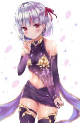 Rule 34 | 1girl, armlet, armor, artist request, bare shoulders, bikini armor, blush, bracelet, breasts, closed mouth, collar, detached sleeves, dress, earrings, fate/grand order, fate (series), floral print, hair ribbon, highres, jewelry, kama (fate), kama (first ascension) (fate), looking at viewer, metal collar, miniskirt, navel, pelvic curtain, petals, purple dress, purple skirt, purple sleeves, purple thighhighs, red eyes, ribbon, ring, short hair, silver hair, skirt, small breasts, smile, solo, thigh strap, thighhighs, thighlet, thighs, white background