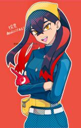 Rule 34 | 1girl, artist name, belt, black hair, blue jacket, blue pants, buttons, carmine (pokemon), commentary request, creatures (company), crossed arms, crossed bangs, eyelashes, game freak, gloves, hairband, highres, jacket, long hair, looking at viewer, mole, mole under eye, multicolored hair, nintendo, open mouth, p 0 a, pants, pokemon, pokemon sv, pouch, print gloves, red background, red gloves, red hair, simple background, smile, solo, teeth, translation request, twitter username, two-tone hair, upper teeth only, watermark, yellow eyes, yellow hairband
