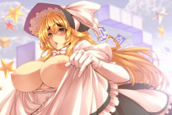 Rule 34 | 1girl, :&lt;, aged up, apron, bad id, bad pixiv id, blonde hair, blush, bonnet, bow, breasts, breasts out, cleavage, cloud, d:, eyebrows, female focus, gloves, invincible marisa, kirisame marisa, large breasts, long hair, mushroom, new super marisa land, nipples, no bra, open mouth, power-up, solo, star (symbol), symbol-shaped pupils, thick eyebrows, touhou, tro (trombe), waist apron, yellow eyes