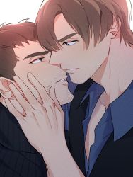 Rule 34 | 2boys, absurdres, black sweater, chris redfield, commentary request, eye contact, facial hair, hand on another&#039;s face, highres, hirusuhi, imminent kiss, leon s. kennedy, light brown hair, looking at another, male focus, mature male, multiple boys, partially unbuttoned, resident evil, short hair, sideburns, stubble, sweater, yaoi