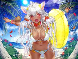 Rule 34 | 1girl, ahoge, animal ear fluff, animal ears, bangle, bat ears, beach, bead necklace, beads, bikini, blush, bracelet, breasts, collarbone, dark-skinned female, dark skin, day, earrings, fangs, hair between eyes, innertube, jewelry, large breasts, long hair, looking at viewer, low twintails, mira (ogino atsuki), multiple piercings, nail polish, navel, neck ring, necklace, open mouth, original, outdoors, outstretched arms, sidelocks, silver hair, solo, stomach, swim ring, swimsuit, thighs, twintails, wavy hair, white bikini, yanyo (ogino atsuki)