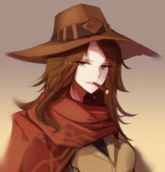 Rule 34 | 1girl, black shirt, breasts, brown eyes, brown hair, brown hat, brown jacket, cape, cassidy (overwatch), cigar, cowboy hat, eyebrows, eyelashes, genderswap, genderswap (mtf), gradient background, hat, highres, jacket, lips, lipstick, long hair, looking at viewer, makeup, mouth hold, overwatch, overwatch 1, pink lips, poncho, red cape, shigure s, shirt, slit pupils, solo, torn clothes, torn hat, upper body