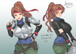 Rule 34 | 1girl, armor, belt, belt pouch, black gloves, black shirt, blue shirt, blush, bodysuit, bodysuit under clothes, boobplate, breastplate, brown eyes, brown hair, carrying, commentary request, covered navel, elbow sleeve, final fantasy, final fantasy vii, final fantasy vii remake, fingerless gloves, gloves, green pants, hand on own stomach, headband, high ponytail, index finger raised, jessie rasberry, long hair, obui, pants, parted bangs, pouch, red headband, shirt, shoulder armor, sweat
