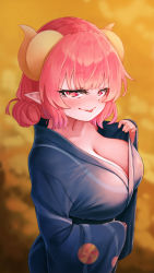 Rule 34 | 1girl, blurry, blurry background, blush, breasts, cleavage, collarbone, commentary request, curled horns, dot nose, hair bun, highres, horns, huge breasts, ilulu (maidragon), japanese clothes, kimono, kobayashi-san chi no maidragon, large breasts, looking at viewer, multicolored hair, no bra, pink hair, pointy ears, purple hair, raised eyebrow, red eyes, sidelocks, single hair bun, slit pupils, smile, solo, standing, tongue, tongue out, wakaba (945599620), yukata
