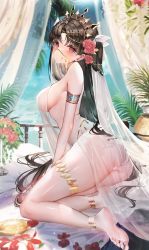 Rule 34 | 1girl, absurdres, anklet, arabian clothes, armlet, ass, bare shoulders, black hair, blush, breasts, chiachun0621, crown, curtains, dancer, fate/grand order, fate (series), flower, from side, full body, hair flower, hair ornament, hair ribbon, harem outfit, harem pants, highres, indoors, ishtar (fate), jewelry, long hair, looking at viewer, looking to the side, medium breasts, mouth veil, no bra, on bed, panties, pants, red eyes, red flower, red rose, ribbon, rose, sideboob, thighlet, tiara, turban, underwear, veil, white panties