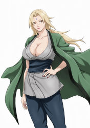 Rule 34 | 1girl, blonde hair, breasts, brown eyes, cleavage, closed mouth, daigo, facial mark, feet out of frame, female focus, floating hair, forehead mark, hand on own hip, highres, jacket, large breasts, legs, light smile, long hair, looking at viewer, nail polish, naruto, naruto (series), red nails, simple background, smile, solo, standing, thighs, tsunade (naruto), twintails, white background