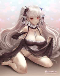 Rule 34 | 1girl, artist name, azur lane, bare legs, barefoot, between breasts, black dress, black nails, black panties, blunt bangs, breasts, cleavage, closed mouth, clothes lift, commentary, detached collar, detached sleeves, dress, ear piercing, formidable (azur lane), full body, hair ribbon, heart, heart background, heheneko, large breasts, lifting own clothes, lips, long hair, looking at viewer, nail polish, off-shoulder dress, off shoulder, panties, patreon username, piercing, red eyes, ribbon, see-through, silver hair, simple background, sitting, skindentation, skirt, skirt lift, solo, thick thighs, thighs, thong, twintails, underwear, very long hair, wariza