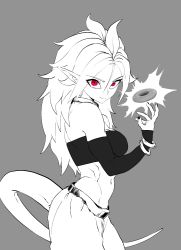 Rule 34 | 1girl, android 21, arabian clothes, black nails, bracelet, breasts, doughnut, dragon ball, dragon ball fighterz, dragonball z, food, highres, jewelry, looking at viewer, magic, majin android 21, muscular, muscular female, nail polish, navel, necklace, pointy ears, red eyes, smile, tail, zequung, zquung