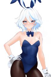 Rule 34 | 1girl, absurdres, ahoge, animal ears, black pantyhose, blue eyes, blue hair, blue leotard, bow, bowtie, breasts, commentary, covered navel, detached collar, drop-shaped pupils, english commentary, furina (genshin impact), genshin impact, gloves, hair between eyes, hand on own hip, heterochromia, highres, leotard, light blue hair, looking at viewer, mismatched pupils, mixed-language commentary, multicolored hair, pantyhose, playboy bunny, pout, rabbit ears, rabbit tail, short hair, simple background, small breasts, solo, stasyafelix, strapless, strapless leotard, streaked hair, symbol-shaped pupils, tail, white background, white gloves, wrist cuffs