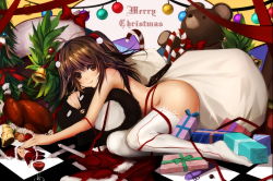 Rule 34 | 1girl, alcohol, artist request, ass, bad id, bad yandere id, bell, bow, brown eyes, brown hair, candy, candy cane, christmas, christmas tree, cup, drinking glass, food, gift, highres, long hair, looking at viewer, lying, merry christmas, nude, on side, ornament, ribbon, sack, santa costume, smile, solo, stuffed animal, stuffed toy, thighhighs, turkey (bird), turkey (food), twintails, white thighhighs, wine, wine glass