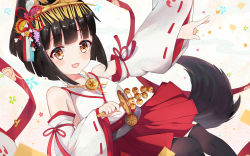 Rule 34 | 1girl, :3, absurdres, animal ears, azur lane, bad id, bad pixiv id, bell, black hair, black thighhighs, brown eyes, detached sleeves, fang, fox ears, fox tail, hair ornament, highres, japanese clothes, jingle bell, kagura suzu, miko, mutsu (azur lane), open mouth, outstretched arm, red skirt, shirt, short hair, skirt, smile, solo, tail, thighhighs, white shirt