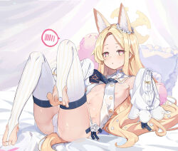 Rule 34 | 1girl, adapted costume, animal ear fluff, animal ears, ass, bare shoulders, blonde hair, blue archive, blush, breasts, detached sleeves, extra ears, fox ears, halo, highres, leggings, long hair, looking at viewer, miyakawa106, navel, parted lips, seia (blue archive), sleeves past fingers, sleeves past wrists, small breasts, solo, spoken blush, stirrup legwear, toeless legwear, toes, white leggings, white sleeves, yellow eyes, yellow halo