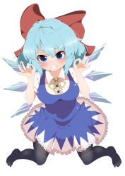 Rule 34 | 1girl, black pantyhose, blue dress, blue eyes, blue hair, blush, breasts, cirno, double ok sign, dress, feet, female focus, full body, grin, hair ornament, hair ribbon, highres, ice, ice wings, large breasts, looking at viewer, matching hair/eyes, ok sign, pantyhose, puffy sleeves, ribbon, short hair, short sleeves, simple background, smile, solo, takimoto yukari, toes, touhou, white background, wings