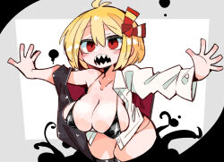 Rule 34 | 1girl, bad anatomy, bad hands, black bra, black vest, blonde hair, blush, bra, breasts, cleavage, collarbone, collared shirt, cowboy shot, darkness, hair between eyes, hair ribbon, large breasts, massakasama, open clothes, open mouth, open shirt, outstretched arms, red eyes, red ribbon, ribbon, rumia, sharp teeth, shirt, short hair, solo, spread arms, teeth, touhou, underwear, vest, white shirt
