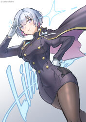 Rule 34 | + +, 1girl, aiguillette, arm up, black cape, black dress, black pantyhose, blue eyes, breasts, buttons, cape, character name, closed mouth, colored inner hair, commentary request, covered navel, cowboy shot, double-breasted, dress, earrings, floating cape, gloves, goddess of victory: nikke, grey hair, hair between eyes, hand on own hip, highres, jewelry, large breasts, liliweiss (nikke), looking at viewer, multicolored hair, pantyhose, pink hair, salute, sidelocks, smile, solo, sparkle, standing, takeclaire, tight clothes, tight dress, twitter username, two-tone hair, white gloves