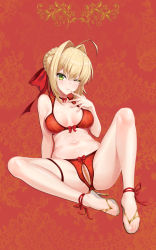 Rule 34 | 1girl, ahoge, ass, bare shoulders, beads, blonde hair, blush, bra, braid, breasts, breasts apart, cleavage, closed mouth, collarbone, crotchless, crotchless panties, dasoey, fate/extra, fate (series), feet, french braid, green eyes, hair bun, hair intakes, hair ribbon, high heels, highres, knee up, large breasts, legs, long hair, looking at viewer, navel, nero claudius (fate), nero claudius (fate) (all), nero claudius (fate/extra), one eye closed, panties, partially visible vulva, pearl thong, red background, red bra, red panties, red ribbon, ribbon, single hair bun, sitting, smile, solo, spread legs, toes, underwear