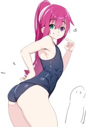 Rule 34 | 1boy, armpits, ass, heterochromia, looking at viewer, old school swimsuit, original, pea (vaultboy503), pink hair, ponytail, school swimsuit, simple background, smile, swimsuit, trap, white background