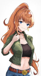Rule 34 | 1girl, anna schneider, belt, black choker, blue eyes, brown belt, choker, commentary request, ema (kuguiema), green jacket, grey background, highres, jacket, long hair, midriff, navel, open clothes, open jacket, orange hair, ponytail, short sleeves, simple background, solo, stomach, strapless, takt op., tube top, upper body, very long hair